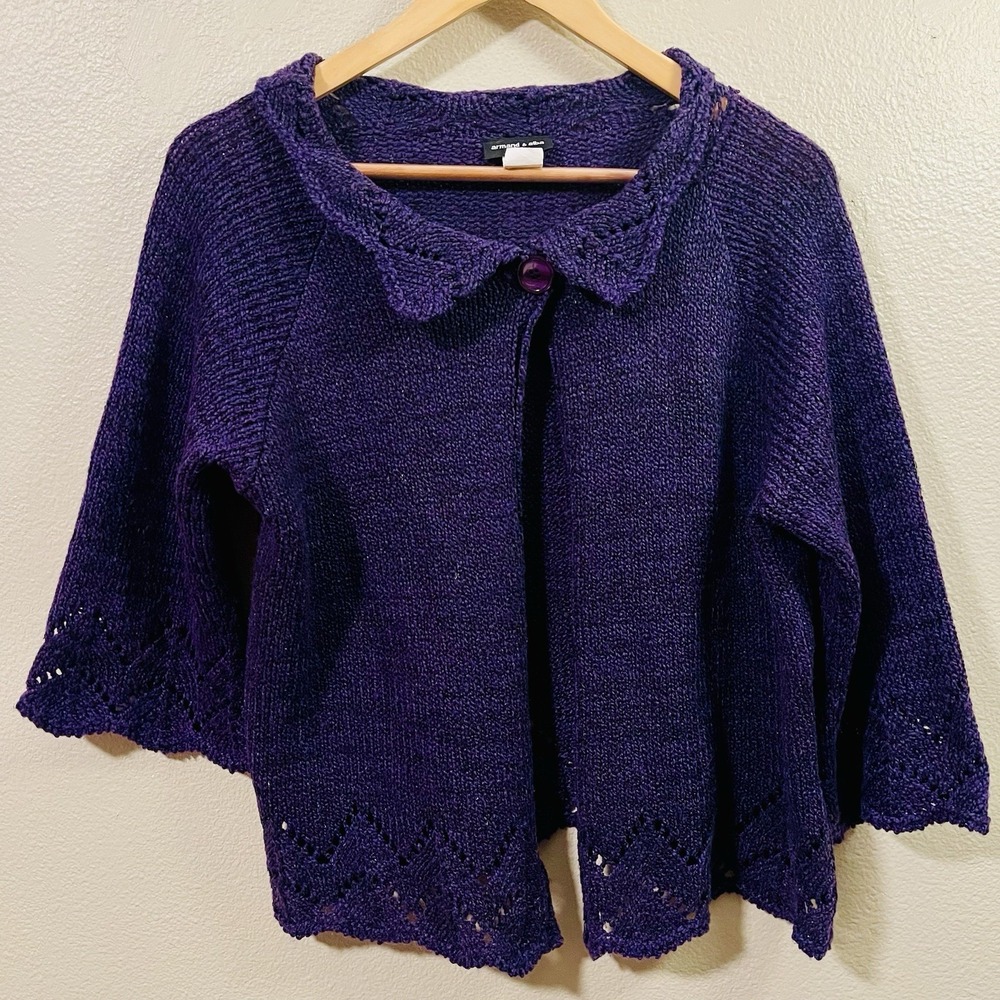 Armand & Alba Knit‎ Cardigan Bell Sleeve Open Knit Hem Purple Boho Cottage Sz L